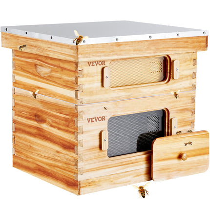Bee Hive 20 Frame Bee Hives Starter Kit, Beeswax Coated Cedar Wood, 1 Deep + 1 Medium Bee Boxes Langstroth Beehive Kit, Transparent Acrylic Windows with Foundations for Beginners Pro Beekeepers.