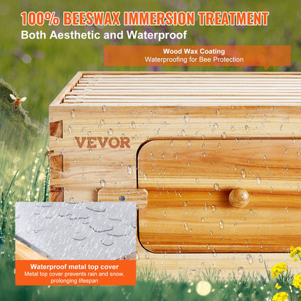 Bee Hive 20 Frame Bee Hives Starter Kit, Beeswax Coated Cedar Wood, 1 Deep + 1 Medium Bee Boxes Langstroth Beehive Kit, Transparent Acrylic Windows with Foundations for Beginners Pro Beekeepers.