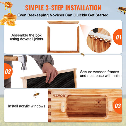 Bee Hive 20 Frame Bee Hives Starter Kit, Beeswax Coated Cedar Wood, 1 Deep + 1 Medium Bee Boxes Langstroth Beehive Kit, Transparent Acrylic Windows with Foundations for Beginners Pro Beekeepers.