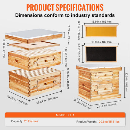 Bee Hive 20 Frame Bee Hives Starter Kit, Beeswax Coated Cedar Wood, 1 Deep + 1 Medium Bee Boxes Langstroth Beehive Kit, Transparent Acrylic Windows with Foundations for Beginners Pro Beekeepers.