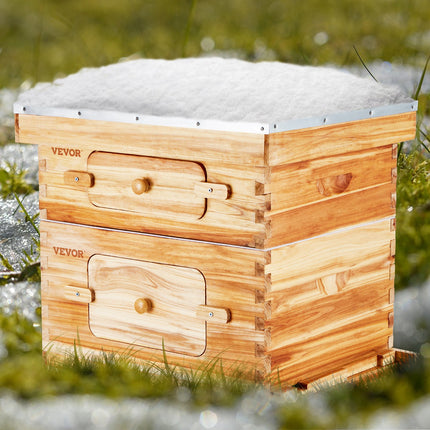 Bee Hive 20 Frame Bee Hives Starter Kit, Beeswax Coated Cedar Wood, 1 Deep + 1 Medium Bee Boxes Langstroth Beehive Kit, Transparent Acrylic Windows with Foundations for Beginners Pro Beekeepers.