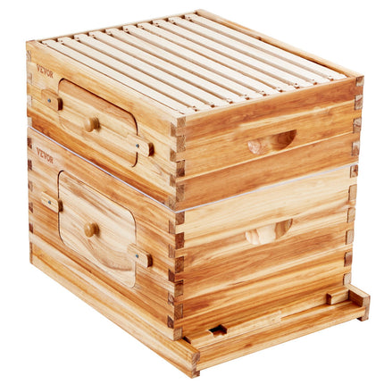 Bee Hive 20 Frame Bee Hives Starter Kit, Beeswax Coated Cedar Wood, 1 Deep + 1 Medium Bee Boxes Langstroth Beehive Kit, Transparent Acrylic Windows with Foundations for Beginners Pro Beekeepers.