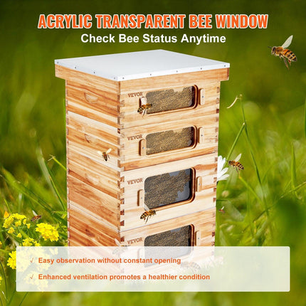 Bee Hive 40 Frame Bee Hives Starter Kit, Beeswax Coated Cedar Wood, 2 Deep + 2 Medium Bee Boxes Langstroth Beehive Kit, Transparent Acrylic Windows with Foundations for Beginners Pro Beekeepers.