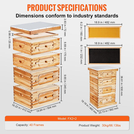 Bee Hive 40 Frame Bee Hives Starter Kit, Beeswax Coated Cedar Wood, 2 Deep + 2 Medium Bee Boxes Langstroth Beehive Kit, Transparent Acrylic Windows with Foundations for Beginners Pro Beekeepers.