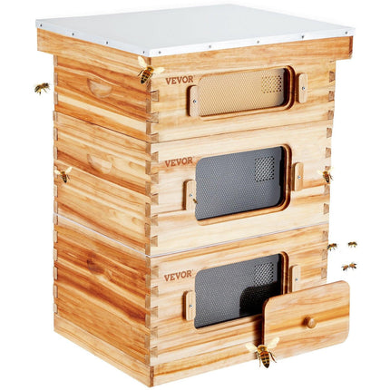 Bee Hive 30 Frame Bee Hives Starter Kit, Beeswax Coated Fir Wood, 2 Deep + 1 Medium Bee Boxes Langstroth Beehive Kit, Transparent Acrylic Windows with Foundations for Beginners Pro Beekeepers.