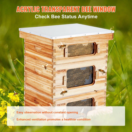 Bee Hive 30 Frame Bee Hives Starter Kit, Beeswax Coated Fir Wood, 2 Deep + 1 Medium Bee Boxes Langstroth Beehive Kit, Transparent Acrylic Windows with Foundations for Beginners Pro Beekeepers.