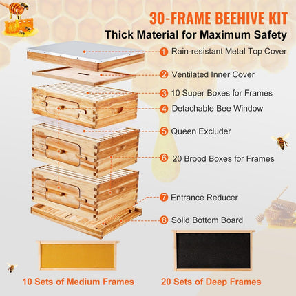 Bee Hive 30 Frame Bee Hives Starter Kit, Beeswax Coated Fir Wood, 2 Deep + 1 Medium Bee Boxes Langstroth Beehive Kit, Transparent Acrylic Windows with Foundations for Beginners Pro Beekeepers.