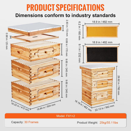 Bee Hive 30 Frame Bee Hives Starter Kit, Beeswax Coated Fir Wood, 2 Deep + 1 Medium Bee Boxes Langstroth Beehive Kit, Transparent Acrylic Windows with Foundations for Beginners Pro Beekeepers.