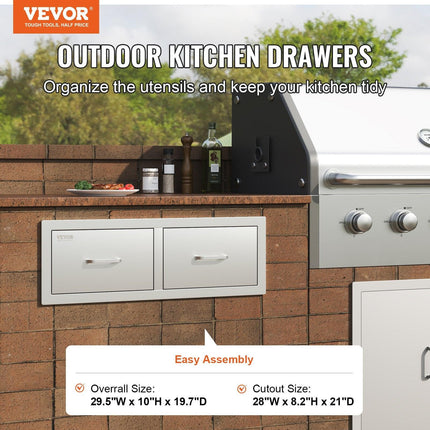 Outdoor Kitchen Drawers 30" W x 10" H x 20" D, Horizontal Double BBQ Access Drawers Stainless Steel with Handle, BBQ Island Drawers for Outdoor Kitchens or Patio Grill Station.