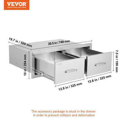 Outdoor Kitchen Drawers 30" W x 10" H x 20" D, Horizontal Double BBQ Access Drawers Stainless Steel with Handle, BBQ Island Drawers for Outdoor Kitchens or Patio Grill Station.