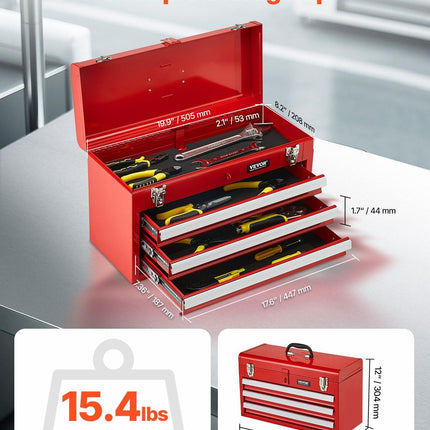 Tool Box 520 mm Portable Metal Tool Box 3 Drawers Tool Organizer Red.