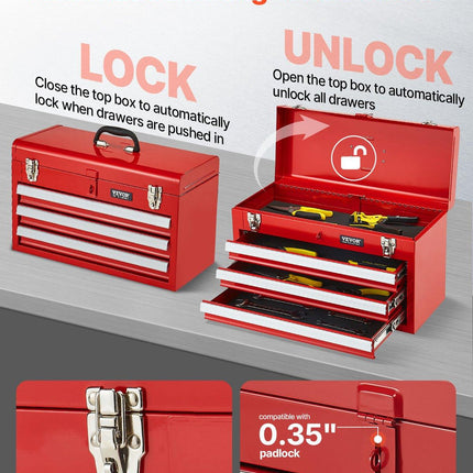Tool Box 520 mm Portable Metal Tool Box 3 Drawers Tool Organizer Red.