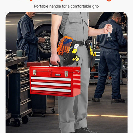 Tool Box 520 mm Portable Metal Tool Box 3 Drawers Tool Organizer Red.