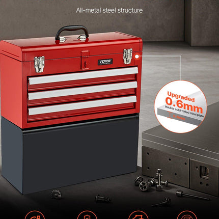 Tool Box 520 mm Portable Metal Tool Box 3 Drawers Tool Organizer Red.