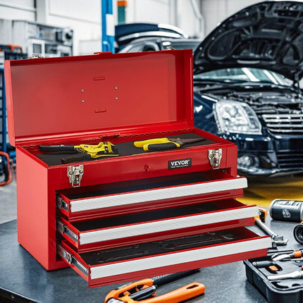 Tool Box 520 mm Portable Metal Tool Box 3 Drawers Tool Organizer Red.