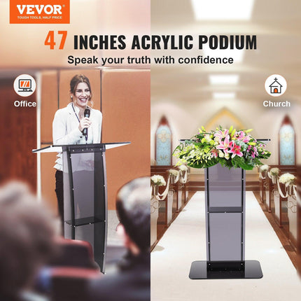 Acrylic Podium, 47" Tall, Acrylic Podium Stand with Wide Reading Surface & Storage Shelf, Floor-standing Clear Pulpits Acrylic for Church Office School, Black.