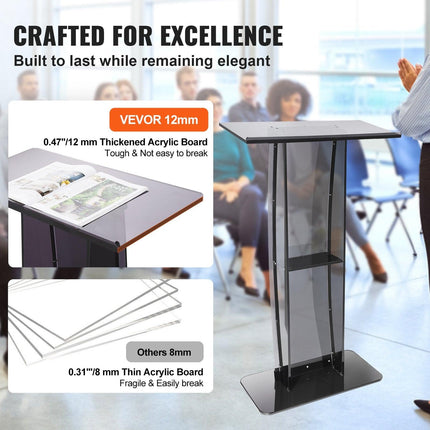 Acrylic Podium, 47" Tall, Acrylic Podium Stand with Wide Reading Surface & Storage Shelf, Floor-standing Clear Pulpits Acrylic for Church Office School, Black.