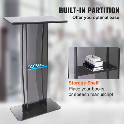 Acrylic Podium, 47" Tall, Acrylic Podium Stand with Wide Reading Surface & Storage Shelf, Floor-standing Clear Pulpits Acrylic for Church Office School, Black.