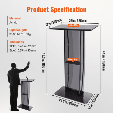 Acrylic Podium, 47" Tall, Acrylic Podium Stand with Wide Reading Surface & Storage Shelf, Floor-standing Clear Pulpits Acrylic for Church Office School, Black.
