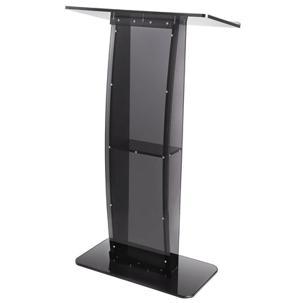 Acrylic Podium, 47" Tall, Acrylic Podium Stand with Wide Reading Surface & Storage Shelf, Floor-standing Clear Pulpits Acrylic for Church Office School, Black.