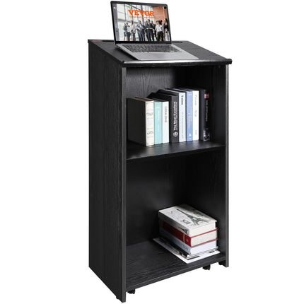 Podium Stand, 47 in Hostess Stand with 4 Rolling Wheels, Wood Podium with Storage Shelves, and Slant Desktop, Lecterns & Podiums for Church, Office, School, Home, Black.