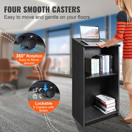Podium Stand, 47 in Hostess Stand with 4 Rolling Wheels, Wood Podium with Storage Shelves, and Slant Desktop, Lecterns & Podiums for Church, Office, School, Home, Black.