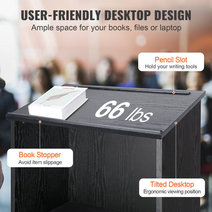 Podium Stand, 47 in Hostess Stand with 4 Rolling Wheels, Wood Podium with Storage Shelves, and Slant Desktop, Lecterns & Podiums for Church, Office, School, Home, Black.