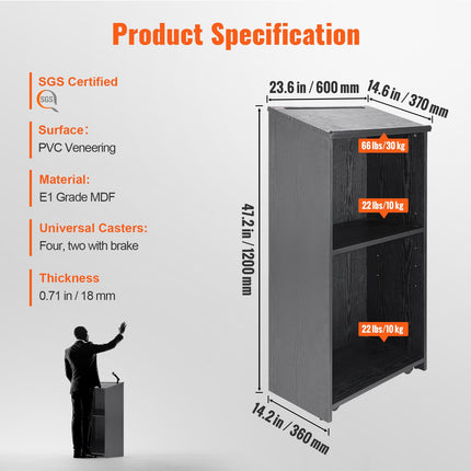 Podium Stand, 47 in Hostess Stand with 4 Rolling Wheels, Wood Podium with Storage Shelves, and Slant Desktop, Lecterns & Podiums for Church, Office, School, Home, Black.