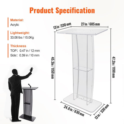 VEVOR Clear Acrylic Podium — 47".