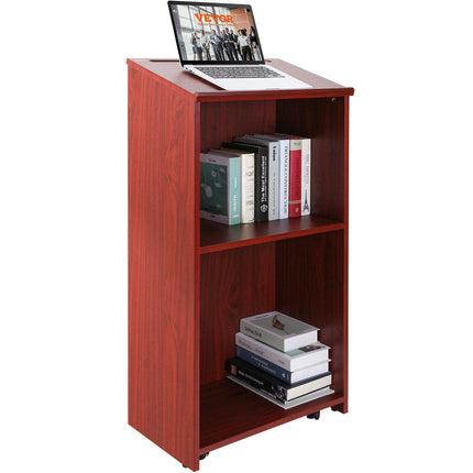 Podium Stand, 47 in Hostess Stand with 4 Rolling Wheels, Wood Podium with Storage Shelves, and Slant Desktop, Lecterns & Podiums for Church, Office, School, Home, Brown.
