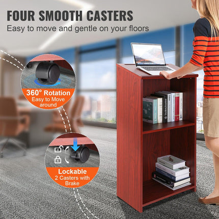 Podium Stand, 47 in Hostess Stand with 4 Rolling Wheels, Wood Podium with Storage Shelves, and Slant Desktop, Lecterns & Podiums for Church, Office, School, Home, Brown.