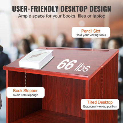 Podium Stand, 47 in Hostess Stand with 4 Rolling Wheels, Wood Podium with Storage Shelves, and Slant Desktop, Lecterns & Podiums for Church, Office, School, Home, Brown.