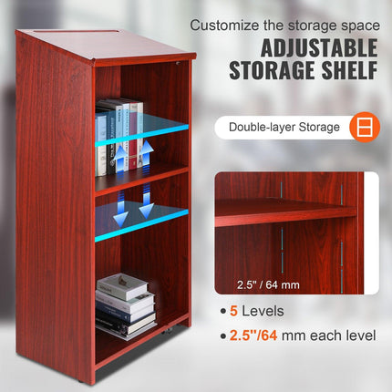 Podium Stand, 47 in Hostess Stand with 4 Rolling Wheels, Wood Podium with Storage Shelves, and Slant Desktop, Lecterns & Podiums for Church, Office, School, Home, Brown.