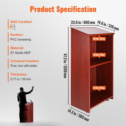 Podium Stand, 47 in Hostess Stand with 4 Rolling Wheels, Wood Podium with Storage Shelves, and Slant Desktop, Lecterns & Podiums for Church, Office, School, Home, Brown.