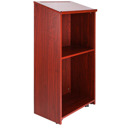 Podium Stand, 47 in Hostess Stand with 4 Rolling Wheels, Wood Podium with Storage Shelves, and Slant Desktop, Lecterns & Podiums for Church, Office, School, Home, Brown.