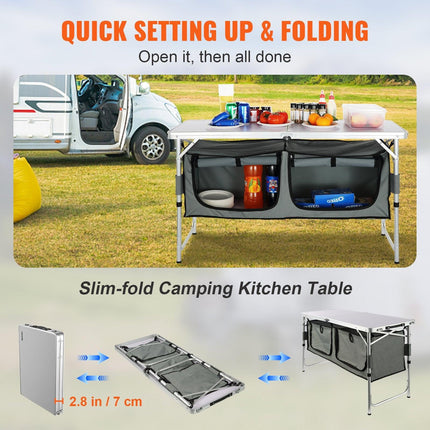 Camping Kitchen Table, Quick set-up Folding Camping Table with A Carrying Bag, 3 Adjustable Heights, MDF Camping Table, Ideal for Outdoor Picnics, BBQs, Camping, RV Traveling.