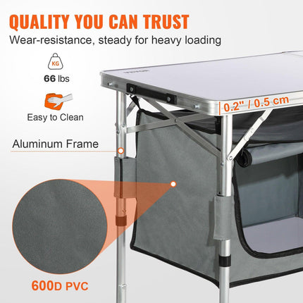 Camping Kitchen Table, Quick set-up Folding Camping Table with A Carrying Bag, 3 Adjustable Heights, MDF Camping Table, Ideal for Outdoor Picnics, BBQs, Camping, RV Traveling.