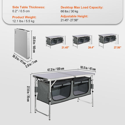 Camping Kitchen Table, Quick set-up Folding Camping Table with A Carrying Bag, 3 Adjustable Heights, MDF Camping Table, Ideal for Outdoor Picnics, BBQs, Camping, RV Traveling.