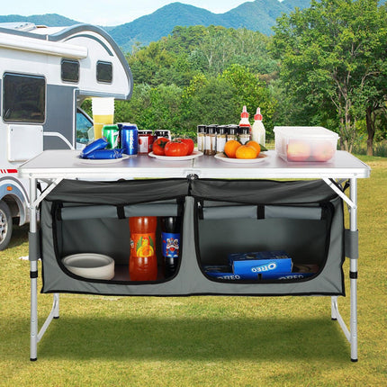 Camping Kitchen Table, Quick set-up Folding Camping Table with A Carrying Bag, 3 Adjustable Heights, MDF Camping Table, Ideal for Outdoor Picnics, BBQs, Camping, RV Traveling.