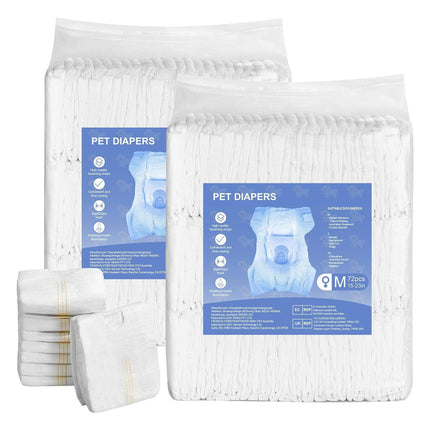 Disposable Dog Diapers, Super Absorbent Female Dog Diapers, 360° Leak-Proof Female Doggy Pet Diaper with Wetness Indicator for Heat Period, Training, Incontinence - M, 144 Count (2 Packs of 72).