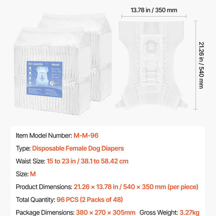 Disposable Dog Diapers, Super Absorbent Female Dog Diapers, 360° Leak-Proof Female Doggy Pet Diaper with Wetness Indicator for Heat Period, Training, Incontinence - M, 96 Count (2 Packs of 48).