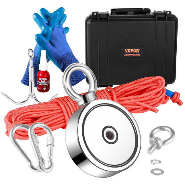 Magnet Fishing Kit, 1200lbs Pulling Force Double Sided Fishing Magnets, 2.95inch Diameter Magnet with Rope, Grappling Hook, Gloves, Waterproof Case, Threadlocker, Eye Bolt, for Fishing.