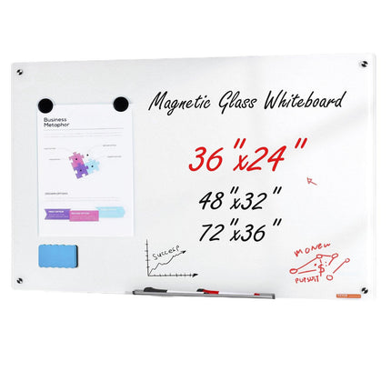 Magnetic Glass Whiteboard, Dry Erase Board 36"x24", Wall-Mounted Large White Glassboard Frameless, with Marker Tray, an Eraser and 2 Markers, White.