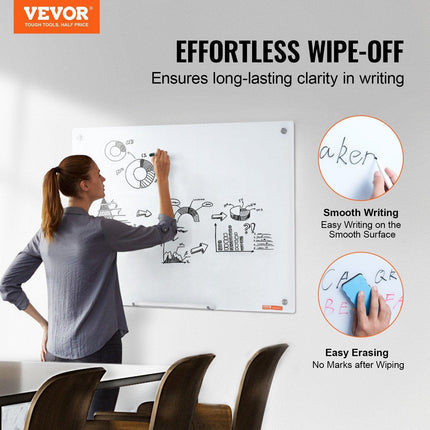 Magnetic Glass Whiteboard, Dry Erase Board 36"x24", Wall-Mounted Large White Glassboard Frameless, with Marker Tray, an Eraser and 2 Markers, White.