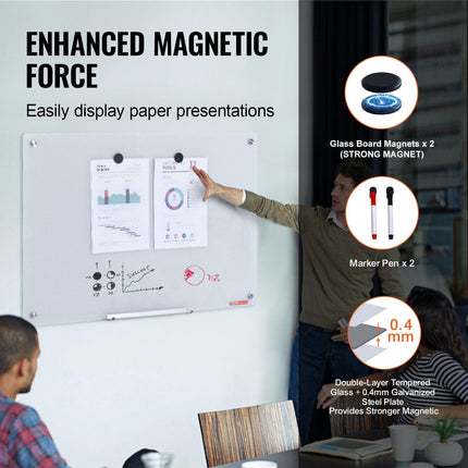 Magnetic Glass Whiteboard, Dry Erase Board 36"x24", Wall-Mounted Large White Glassboard Frameless, with Marker Tray, an Eraser and 2 Markers, White.