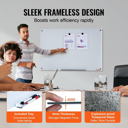 Magnetic Glass Whiteboard, Dry Erase Board 36"x24", Wall-Mounted Large White Glassboard Frameless, with Marker Tray, an Eraser and 2 Markers, White.