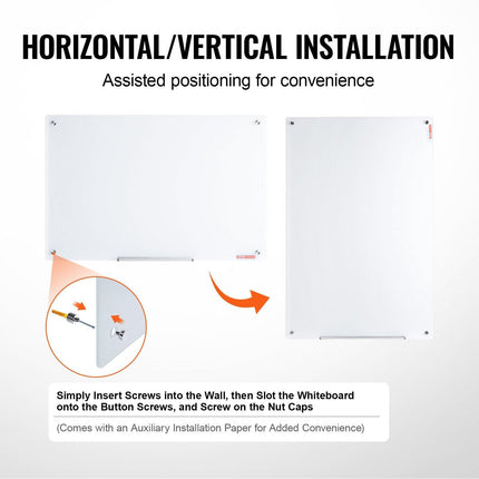 Magnetic Glass Whiteboard, Dry Erase Board 36"x24", Wall-Mounted Large White Glassboard Frameless, with Marker Tray, an Eraser and 2 Markers, White.