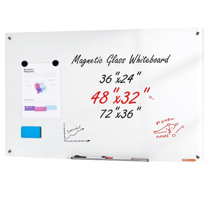 Magnetic Glass Whiteboard, Dry Erase Board 48"x32", Wall-Mounted Large White Glassboard Frameless, with Marker Tray, an Eraser and 2 Markers, White.
