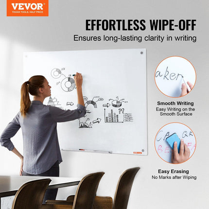 Magnetic Glass Whiteboard, Dry Erase Board 48"x32", Wall-Mounted Large White Glassboard Frameless, with Marker Tray, an Eraser and 2 Markers, White.