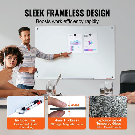 Magnetic Glass Whiteboard, Dry Erase Board 48"x32", Wall-Mounted Large White Glassboard Frameless, with Marker Tray, an Eraser and 2 Markers, White.